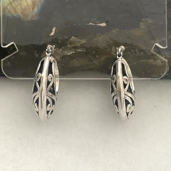 Sterling Silver 925 1" Scrollwork Bali Style Chunky Hoop Earrings Hinged Post - Picture 12 of 16